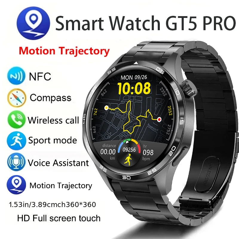 GT5 PRO Smart Watch for Men – AMOLED HD Screen, Bluetooth Call, GPS, Heart Rate, NFC – 2024